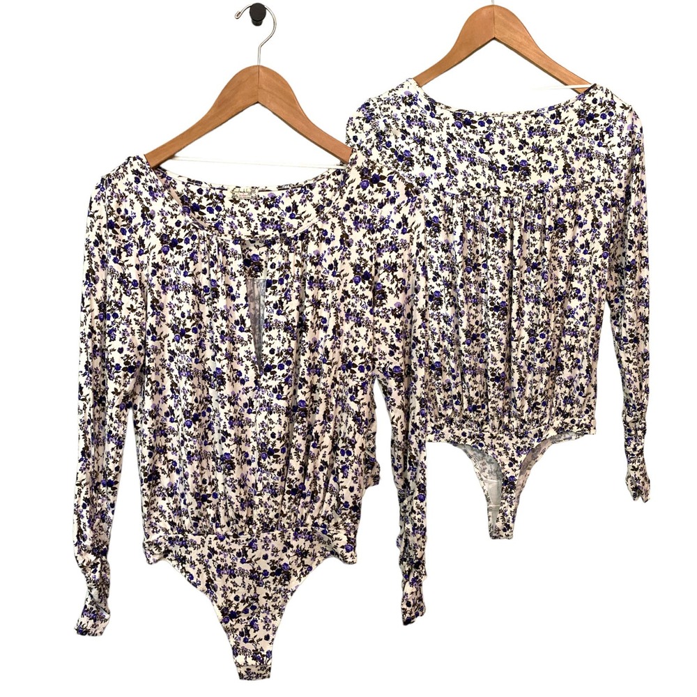 NWOT Intimately Free People XS Purple Floral V Neck Cutout long Sleeve Bodysuit